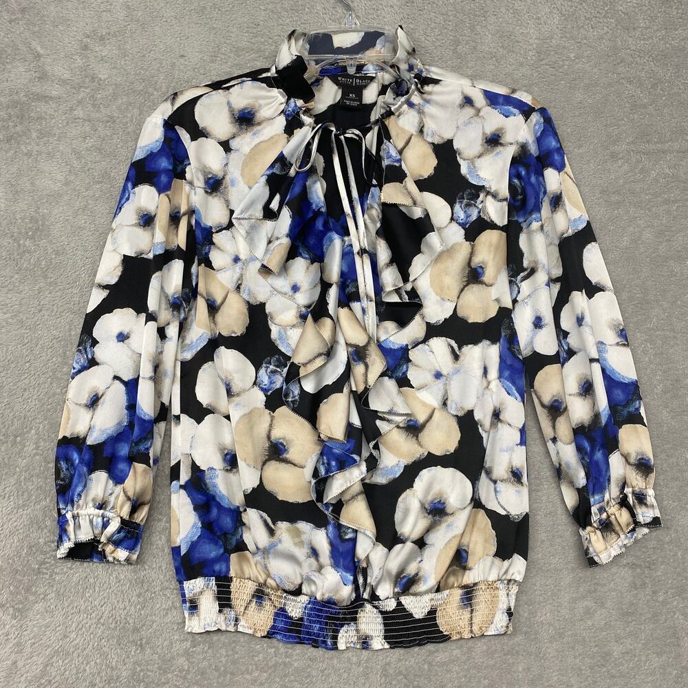 White House Black Market Top XS Blue Beige‎ Floral Silky Pullover Ruffle Office